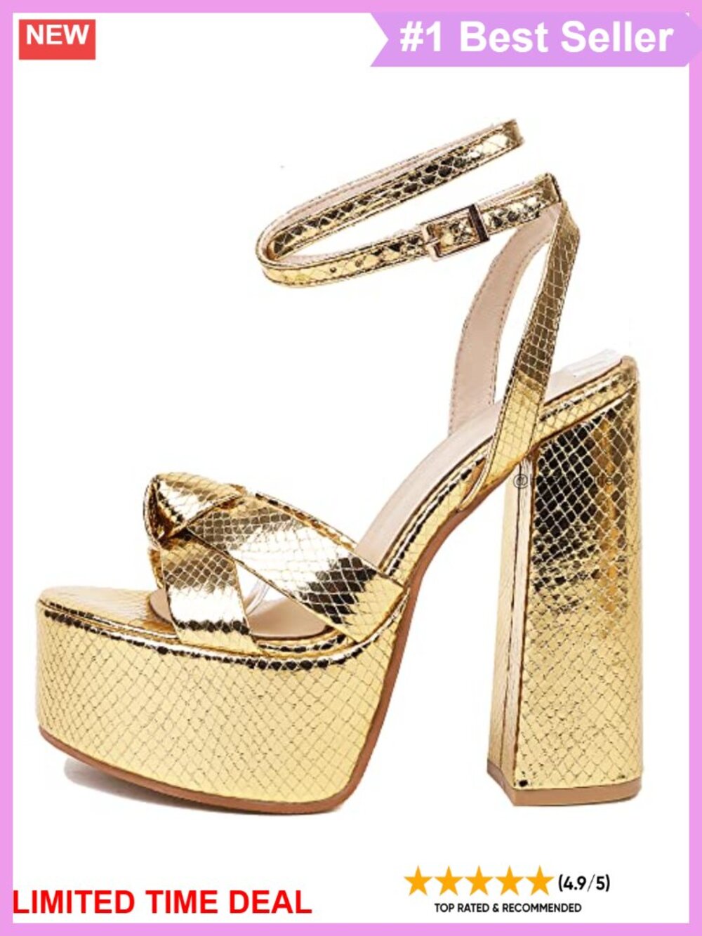 Metallic Platform Chunky Heeled Sandals Open Round Toe Strappy Ankle Strap